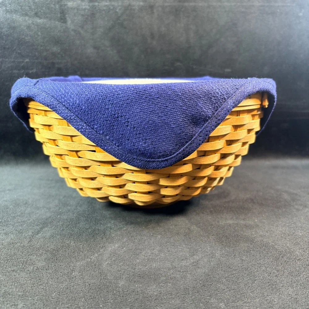 Longaberger 9-inch Bowl Basket 12785 Navy Liner Protector Lid 2002 USA Handwoven
